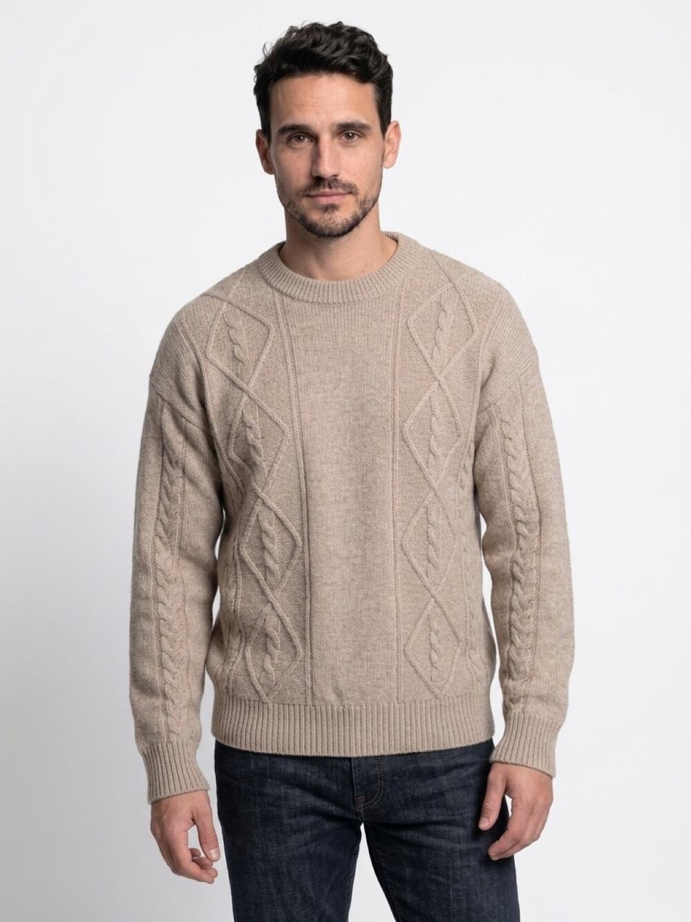 Karaka Creek Sweater Mens M Beige Merino Wool Cable Knit Crew Neck Pullover